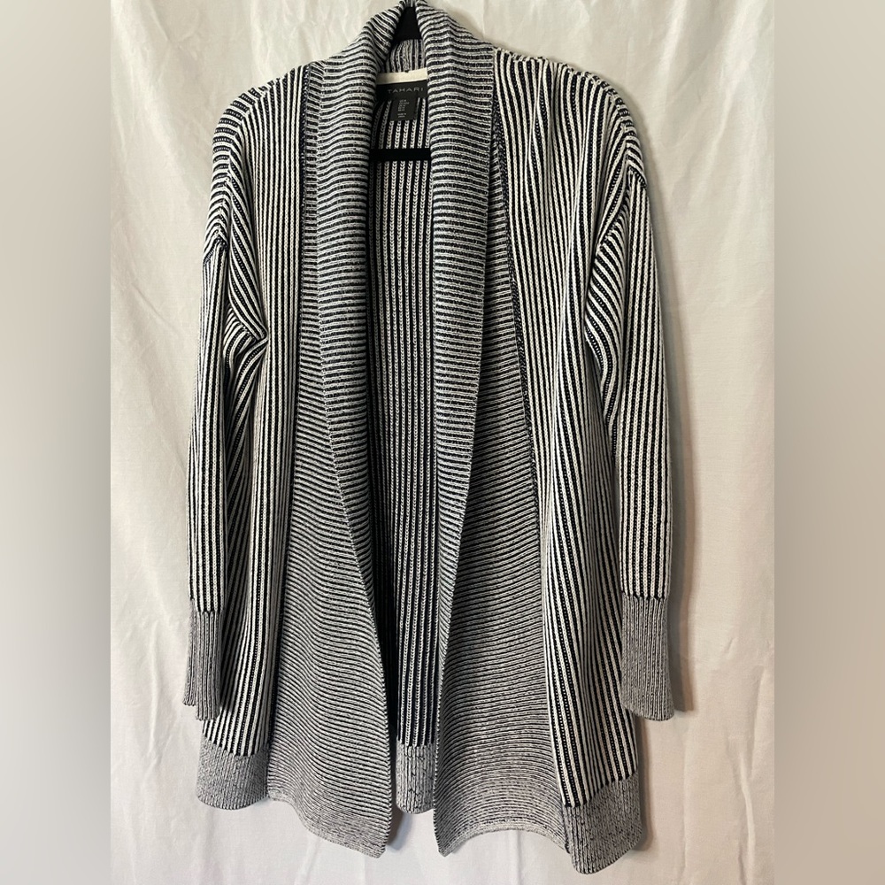 Tahari, Blue and White Stripe Cardigan, Size Medium.